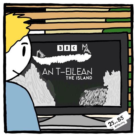 Pictured sitting watching the first Gaelic crime drama, called An T-Eilean (The Island) with the wooden blinds cutting out the darkening blue sky.