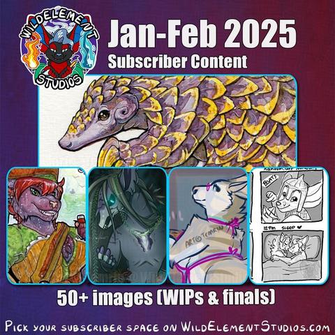 Collage that reads "Jan-Feb 2025 Subscriber content" and shows some cropped previewed of various artworks including a pangolin, anthro pirate lynx, anthro kelpie, a comic page and more. Reads "50+ images [wips and finished] - Pick your subscriber space on WildElementStudios.com"