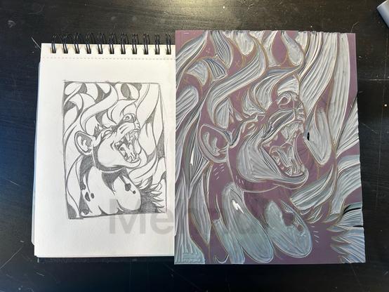 A sketch of a hyena with their mouth open looking slightly upward. The background is abstract wafts. Beside it is the same image carved for a block print. It’s a shade of grey.