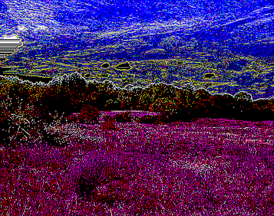Impressionist pixelated landscape with a field of magenta-colored grass, dark trees and the background, and a rolling blue sky