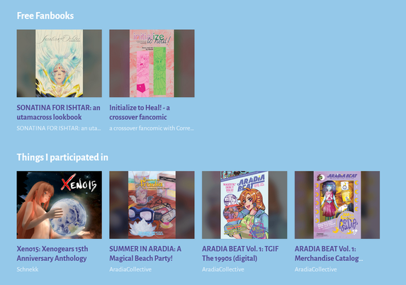 A screenshot of the bottom of NAAN's itchio page, showing her free fanbooks and books that she participated in. You can see more works at 
https://naan.itch.io/