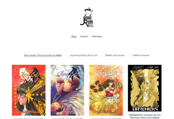 A screenshot showing NAAN's Payhip page, which includes her comics separated into easy to search collections. You can find this page at https://payhip.com/JadineRhine