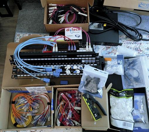 patch panels and keystone jacks, various short length ethernet, some cable making tools