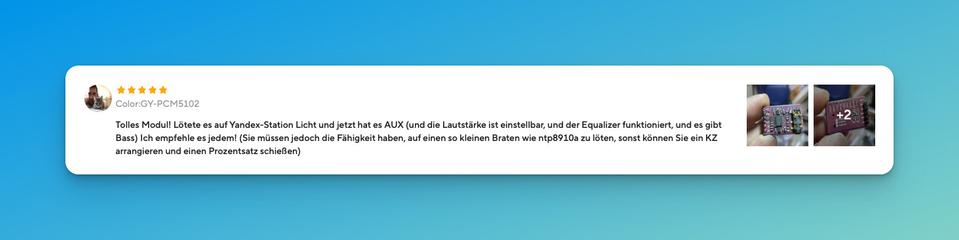 Rezension zu einer USB-Soundkarten Platine:
"Tolles Modul! Lötete es auf Yandex-Station Licht und jetzt hat es AUX (und die Lautstärke ist einstellbar, und der Equalizer funktioniert, und es gibt Bass) Ich empfehle es jedem! (Sie müssen jedoch die Fähigkeit haben, auf einen so kleinen Braten wie ntp8910a zu löten, sonst können Sie ein KZ arrangieren und einen Prozentsatz schießen)"