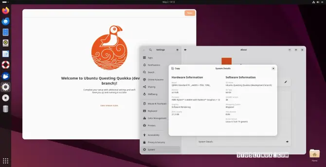 Screenshot of Ubuntu 25.10 showing the Settings app and the Welcome app.