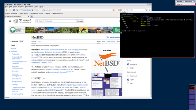 A screenshot of a 550MHz NetBSD/sparc64 desktop running ctwm running Pale Moon (here titled New Moon) open to the NetBSD page on English Wikipedia. It is using 516M/2048 memory.