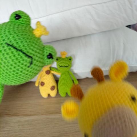 A blurred picture of the giraffe seemingly being pushed out of frame by the annoyed tall frog.