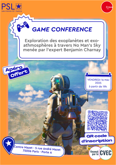 Affiche de la conférence reprenant une image du jeu No Man's Sky : on voit un astronaute de dos qui contemple un paysage