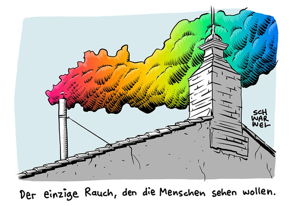 Aus der Esse der Sixtinischen Kapelle steigt regenbogenfarbener Rauch auf. Unterzeile: „Der einzige Rauch, den die Menschen sehen wollen.“ (Credit: SCHWARWEL)