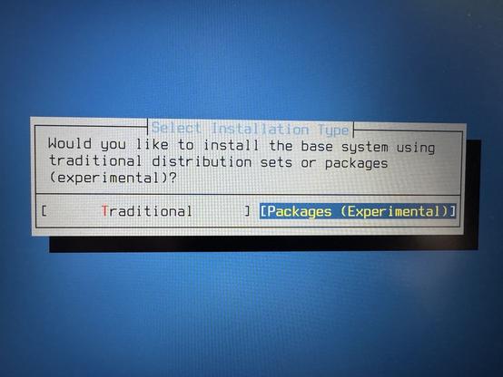 A FreeBSD installer window offering to install from Packages, A.K.A. packaged base.