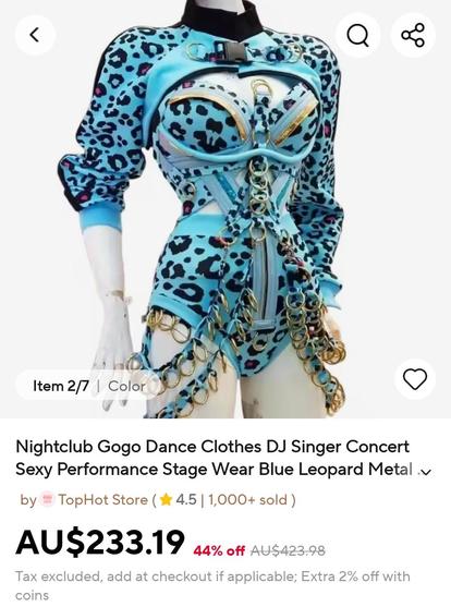 An AliExpress shopping page for a blue leopard print outfit with a boob window and gold chains