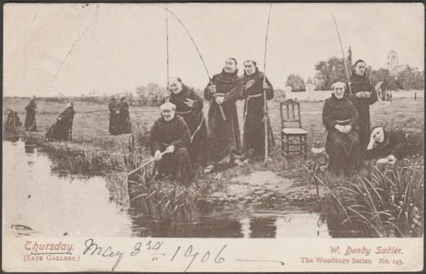 Printed sepia postcard showing a view of the painting 'Thursday' by Walter Dendy Sadler at the Tate Gallery in London.

Published by Eyre & Spottiswoode, London, The Woodbury Series, No 145.

Postally used on 3 May 1906 with double circle Hornsey cancellation on yellow green halfpenny stamp and sent to Clifford J Gudgion Esq, 36 Green Street, Cambridge.

Fairly good condition, with very slight corner bumps, but large crease to top left corner.