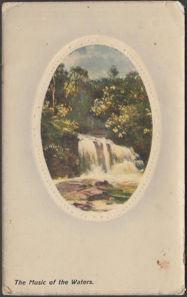 Printed glazed embossed colour postcard showing a view of an unnamed waterfall.

Publisher not stated, not numbered.

Postally used on 5 September 1913 with double circle Redruth cancellation on blue green halfpenny stamp and sent to Mrs Phenie Johns, North Country, near Redruth.

Fair condition, with some corner wear and large crease to top right corner.
