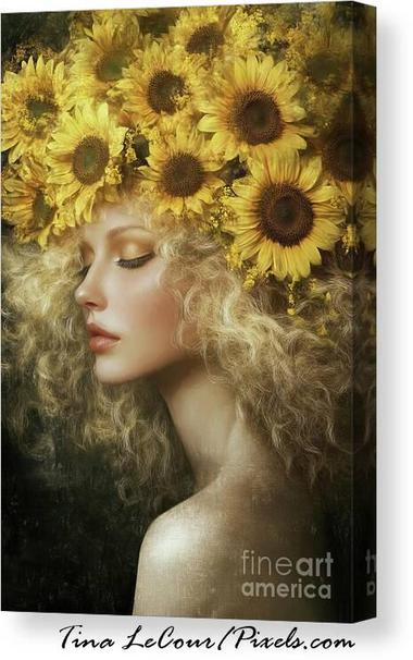 This is a canvas of a surrealism style portrait of a pretty woman with blonde curly crowned in glorious sunflowers against a soft black background.