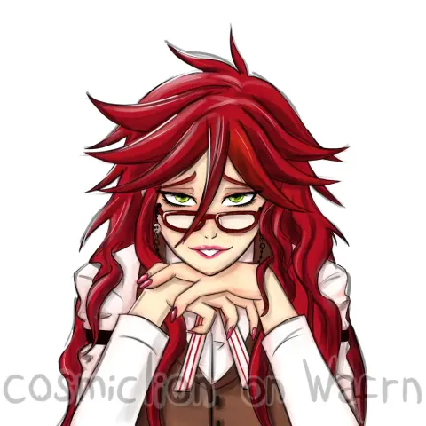 Digital fully rendered illustration of Grell Sutcliff from Black Butler, drawn from the chest up. She is not wearing her gloves and her nails are painted pink. She is facing the viewer, resting her chin on her hands and smiling. The background is white.