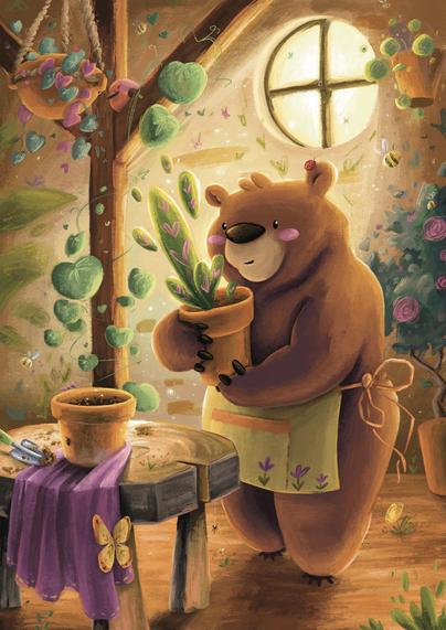 In a softly-lit, rustic room filled with house plants and critters of all kind, a cute little bear wearing a yellow apron il transporting a potted plant to a wooden table on which rests a pot of clean dirt, ready to welcome the plant.
