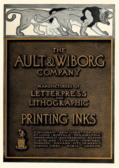 An early 20th century poster featuring an illustration by an unidentified artist showing a pair of stylised lions above a bronze plaque, and advertising the printing inks of the Ault & Wiborg Co of Cincinnati.