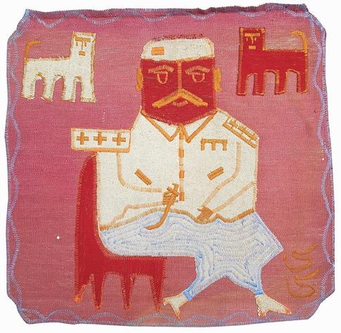 Woven and sewn textile with a pink field depicting a seated man with red skin wearing a white and gold uniform. His head is flanked by a red and white feline creature on either side.