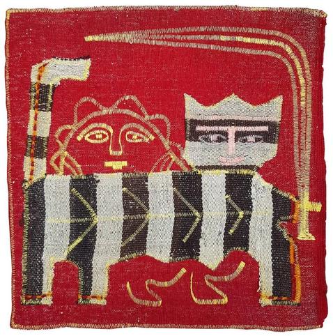 Woven and sewn textile with a red field depicting a black and white feline creature holding a long curving yellow sword. A yellow sun with a smiling face peeks out behind them.