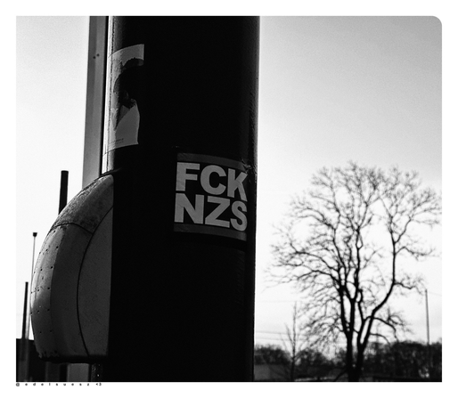 Schwarzweißfotografie: Fuck Nazis Aufkleber (FCK NZS untereinander stehend in Großbuchstaben) auf einem Laternenmast, links am Mast ein Drücker für Fußgänger, rechts im Hintergrund ein noch verzweigter blattloser Baum, hellgrauer Himmel darüber