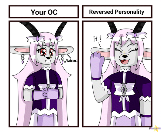 A template with two panels with a light-gray goat with long pink hair, black horns, double gray circle earrings with purple diamond, red eyes, dark purple shirt, purple skirt and gloves. On a first panel she's stoic and on a second one she's smiling with eyes closed and waving.

Texts:
(Left panel) Your OC
(Right panel) Reversed Personality

(Left panel) Whatever...
(Right panel) Hi!