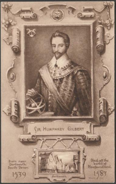 Printed sepia postcard showing an illustration by S. Endacot of Sir Humphrey Gilbert of Compton in Devon, an explorer, Member of Parliament, adventurer and soldier.

Worth's Series, not numbered, c.1910s.

Postally unused.

Very good condition, with very slight corner bumps.