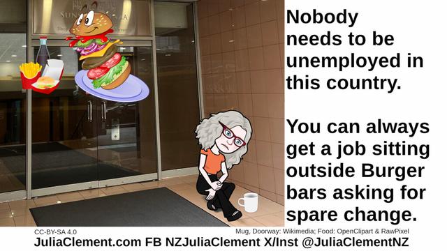 A despondent Julia with a mug sits on the ground outside a shop doorway. Images of burger meals are displayed. Text: Nobody needs to be unemployed in this country. You can always get a job sitting outside Burger bars asking for spare change.