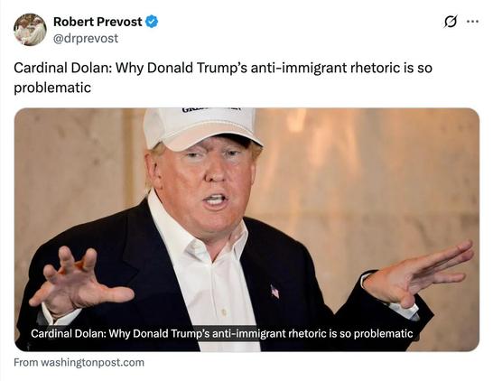 Robert Prevost @drprevost

Cardinal Dolan: Why Donald Trump’s anti-immigrant rhetoric is so problematic

<image of US President Donald Trump in a white baseball cap>

Cardinal Dolan: Why Donald Trump’s anti-immigrant rhetoric is so problematic — From washingtonpost.com