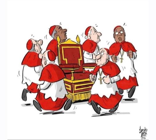 Cartoon by artist Nando Matte, showing a large red velvet upholstered and gold-trimmed chair. Several Catholic Bishops walking in a circle around it, as if playing a game of Musical Chairs. 

Art by Nando Matte. Website:
https://www.brasil247.com/charges/conclave