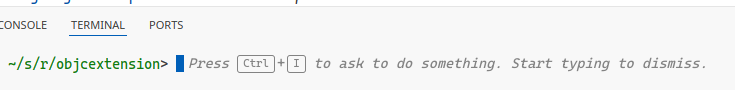 VSCode Terminal view, "Press Ctrl+I to ask to do something. Start typing to dismiss."