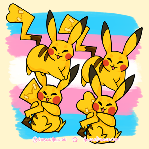 Digital illustrations showing 4 flash tattoo designs of Pikachu! There are 2 versions of 2 designs. One is Pikachu taking a big steppy forward, and has a gender affirming tail shape taped onto the tip of their tail - the two versions are transfemme and transmasc. The 2nd design has Pikachu cuddling their tail and smooshing their face against it happily - the two versions are similarly transfemme and transmasc with tail shapes stuck onto the tips of their tails.