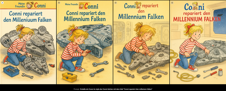 **TL;DR:** A parody book series shows Conni repairing the Millennium Falcon from Star Wars, humorously blending children's book charm with sci-fi mechanics.

**Extracted Text:**

1. "Meine Freundin Conni
   Conni repariert den Milleniuum Falken"
2. "Meine Freundin Conni
   Conni repariert den Millennium Falken"
3. "Conni repariert den Millennium Falken"
4. "Conni repariert den MILLENNIUM FALKEN"

**Image Description:**
This meme presents four spoof covers in the style of German "Conni" children's books. Each illustration shows Conni—a blonde girl in a red-striped shirt—repairing the Millennium Falcon from Star Wars with wrenches, screwdrivers, and toolboxes. She appears cheerful and focused in a kid-friendly, cartoon style. The joke lies in the whimsical crossover between an everyday girl and iconic sci-fi technology.