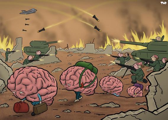 Cartoon showing two military groups fighting, while their brains climb out of the top of their heads and walk off carrying backpacks and suitcases, as if they were refugees of war.