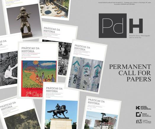 Illustrative image of the permanent call for papers of Práticas da História. It consists mostly of a photo collage of covers of the latest issues of the journal.