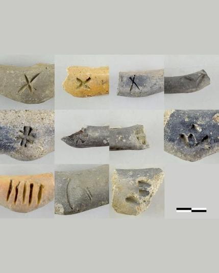 Photo: C. Hascher/ Novetus

The image shows a collage of twelve photographs of fragmented pieces of pottery from the middle ages. Each fragment displays various incised markings, coming from thr potterer who made the vessel. The fragments vary in color and level of preservation.