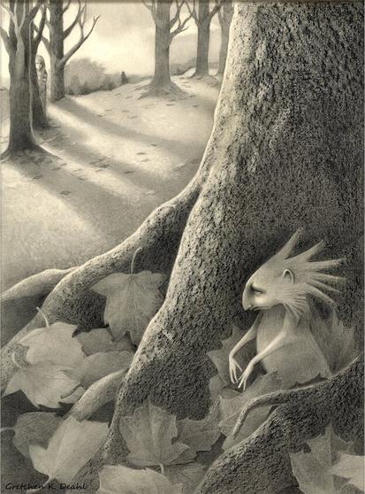 Almost hidden within a pile of maple leaves and tucked into the roots of a tree, stands a solitary, spiky haired creature of unknown origin. Arms outstretched, with a slight scowl on its face, it appears to be thinking of something important -  perhaps what it would like to eat for lunch. Far back, lurking behind a tree, a young girl is watching. Drawn in black, white and gray graphite/pencil. NOTE: This description is created especially for my lovely blind friend, Georgiana. :-)