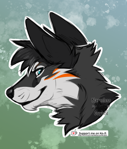 A headshot doodle of a wolf seen slightly from behind, he is looking back at us.