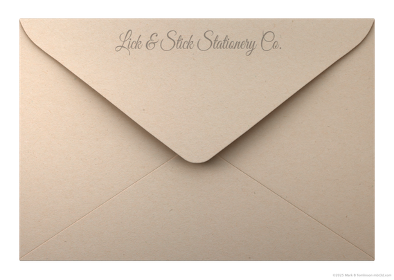 A beige envelope with Lick & Stick Stationery Co. printed on the flap.