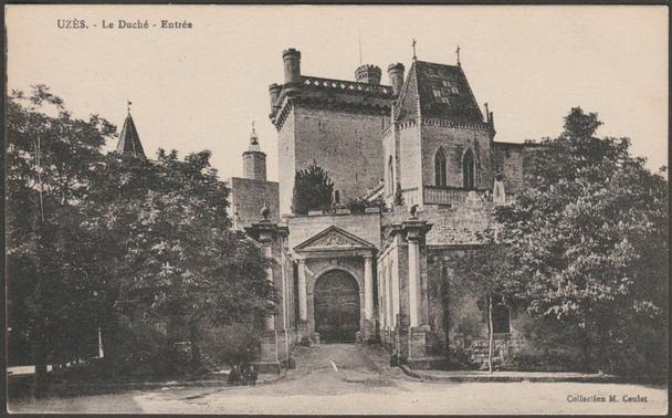 Printed monochrome postcard showing a view of the entrance to the Château du Duché at Uzès in Gard, France.

Published by M. Coulet, not numbered, c.1910.

Postally unused.

Very good condition, with very slight corner bumps and light album marks.