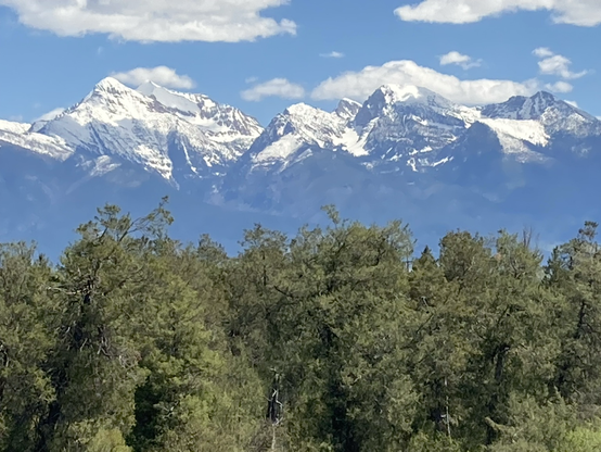 Towering, snow-capped peaks rise behind a dense forest, the sky partly cloudy.