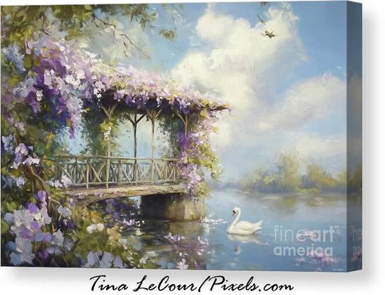 This is a canvas of a dreamy style painting of a bridge overlooking the water covered in morning glory flowers with a swan in the water.