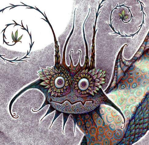 A startled looking creature stares with alarm at the viewer, frozen in place. Drawn in pencil with purple, green and bits of other colors. Behind its head, a white circle of moon. NOTE: This description is created especially for my lovely blind friend, Georgiana. :-)