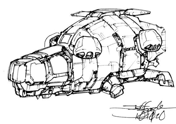 Black and white line art sketch of an imaginative sci fi spaceship. Each one is very different.