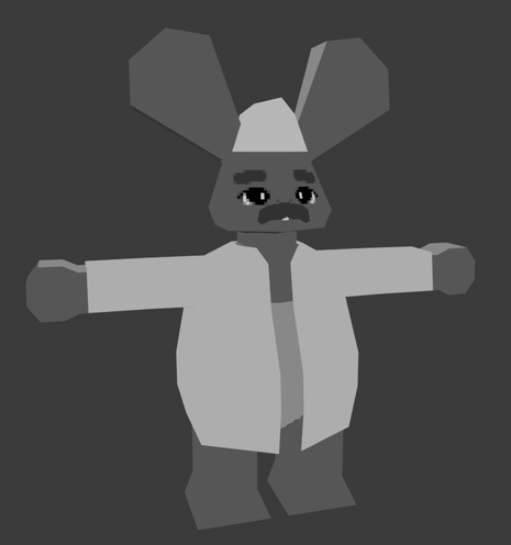 Low poly 3D model of a bunny. He is wearing a white coat and a chef's hat. He has a mustache and thick eyebrows. He is T-posing.