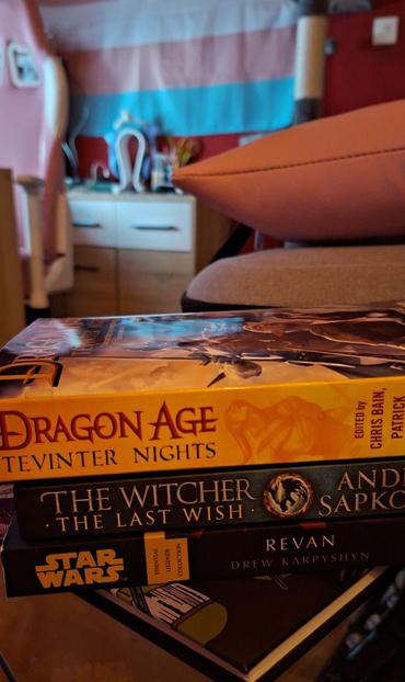 Tevinter Nights, a Dragon Age Veilguard short storied book 

The Last Wish a the witcher book

And Revan, a Star wars book from events in Star wars the old republic the mmorpg