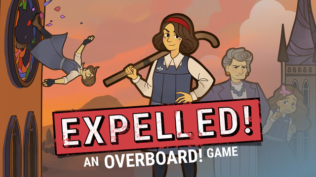 Grafika promująca grę Expelled! z logo i główną bohaterką - Verity Amersham - w tle.