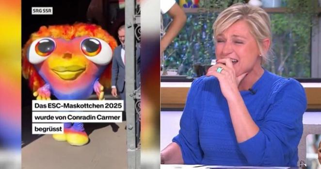 Anne-Élisabeth Lemoine hilare face à la mascotte de l’Eurovision 2025