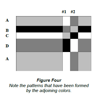 A greyscale diagram of a placemat. It is comprised of 4 colors, with the top color repeating at the bottom.
There is a section on the right where the arrangement of the colors has shifted down once, then twice, while maintaining the horizontal width. It creates a bit of a cross-hatch illusion.
The fabrics are labelled A, B, C, D and then two sections are labelled #1 and #2. 
The caption reads: Figure Four: Note the patterns that have been formed by the adjoining colors