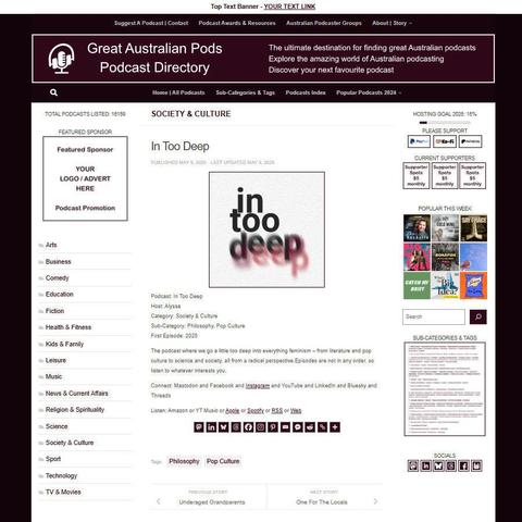 In Too Deep
Screenshot of the podcast listing on the Great Australian Pods website