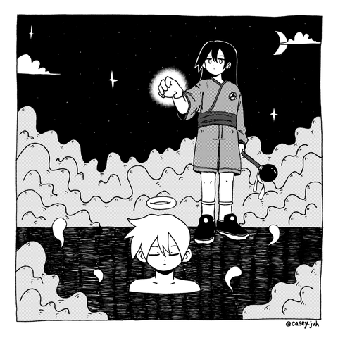 An illustration of a mage resurrecting a fallen friend.